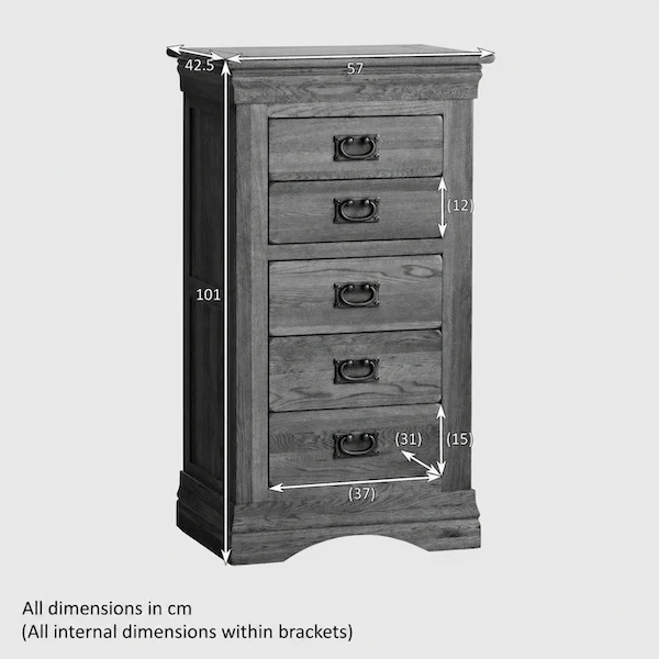 French Rustic Solid Oak 5 Drawers Tallboy - Image 5